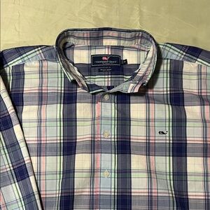 Vineyard Vines Men's Plaid Shirt - Blue, Pink, and Green